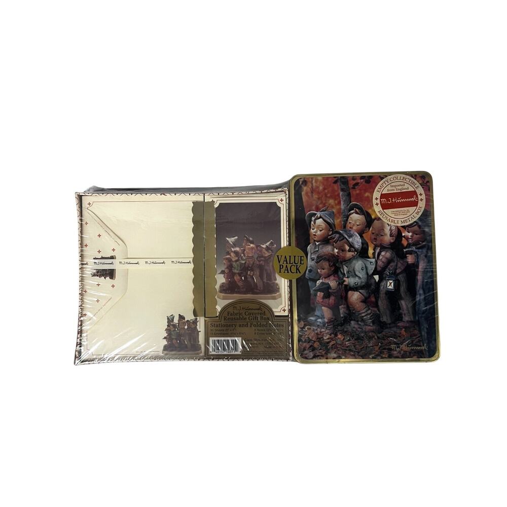 M J Hummel Vintage 1993 Fabric Stationery Folded Notes Reusable Tin Box New USA